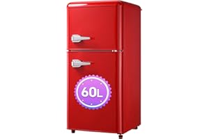 DRIXNO Retro-Kühlschrank Rot Gefrierkombination. 86,8 cm hoch, 45,5 cm breit, zweitürig, mit 60 Liter Gesamtvolumen, 22 Liter Gefriervolumen. 163 kWh/Jahr, -27°C ∽ 13°C, LED-Licht