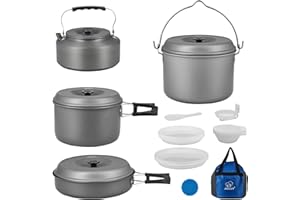 Bulin Kit de Utensilios Cocina Camping,Kit Camping Plegable,Ligera de Aluminio, con Olla, Cuenco y Sartén, para Senderismo,Picnic,Air Libre