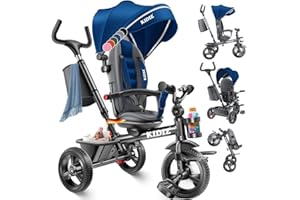 Kidiz® Triciclo 6in1 per Bambini con Maniglione, Manovella Direzionale, Adatto da 9 Mesi fino a 25 Kg, Può Andare Avanti e Indietro, con Cestino, Borsa, Portabevande, Parasole, Ruote in Gomma