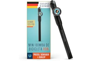Alphatrail Mini Bomba Ron - para Todas Las válvulas 8,3 Bar / 120 PSI presión máxima I Gran manómetro (Ø32mm) I Manguera Extensible de 15cm I Bomba de Bicicleta para Presta, Schrader y Dunlop