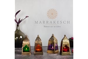 MARRAKESCH ORIENT & MEDITERRAN INTERIOR Juego de 4 farolillos orientales Basil Multicolor, 16 cm, portavelas Oriental de Metal y Cristal, en 4 Colores, Farol de Cristal marroquí para Exteriores como Farol de jardín