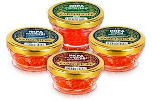 ‎ZARENHOFF Lachskaviar Set Roter Kaviar 4 х 100 g - Buckellachs Gorbuscha aus Kamtschatka, Gorbusha aus Alaska, Lachskaviar Keta, Forellenkaviar, икра, Ikra, Probierset