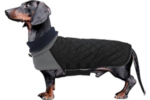 Geyecete Płaszcz dla psa Jamnik, Zimowy Płaszcz dla Jamnika, Ciepła Kurtka w Stylu QUILTING dla Miniaturowego Jamnika z Szelkami, Wiatroodporny Kołnierz z Rolkami dla Małych Psów - Czarny - Rozmiar L