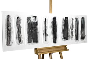 KunstLoft Tableau peinture moderne | 100% PEINT À LA MAIN | 150x50cm | Peinture sur toile 'Pistes dans la neige' | Abstrait | Noir & Blanc | Deco murale salon