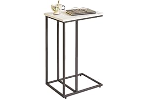 Aibiju C Shaped End Table, Slide and Sofa Table, Bedside Snack Table with Steel Frame for Living Room, Bedroom, Small Spaces,White Faux Marble and Black Metal Frame, YD-TM051B
