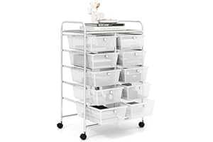 COSTWAY Carrito Auxiliar con Ruedas, Carro Almacenaje con 10 Cajones Grandes y Apilables, Carrito Organizador con Ruedas Bloqueables de Marco de Metal para Cocina Oficina (Transparente)