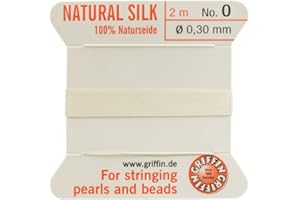 GRIFFIN SINCE 1866 GERMANY Griffin 100% Natural Silk Beading Cord String Thread - White - 2 metres with one Needle - Size 0.3mm