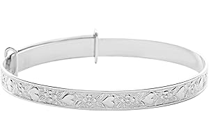 DV DOLCE VALENTINA Dolce Valentina DV Children's 925 Real Sterling Silver Baby's Bangle, Bracelet with Heart Flower Embossed, Baptism, Baby Shower (+5yrs)