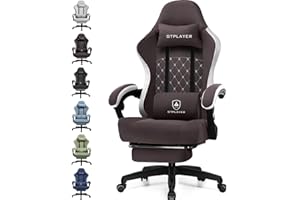 GTPLAYER Sedia da gaming, ergonomica, da scrivania, con superficie in tessuto, cuscino a molla, braccioli di collegamento e poggiapiedi, Marrone