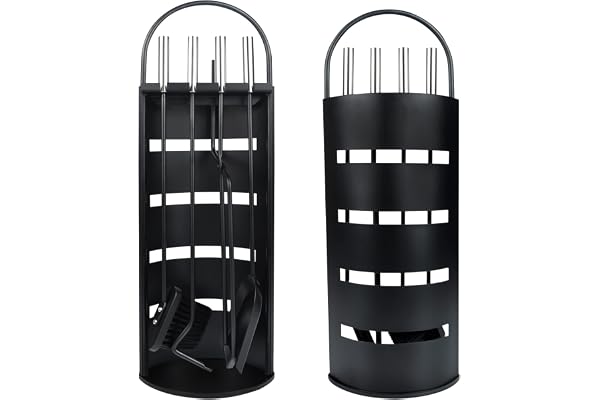 YRHome Ensemble Serviteur de Cheminée avec Poignées en Acier Inoxydable, Outils de Cheminée Comprenant 5 Pièces - Support, Tisonnier, Spatule, Brosse, Pinces - Résistants à la Chaleur - Noir