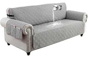 QQJIN 100% Waterproof Sofa Cover 3 Seater, Non-Slip Sofa Slipcover with 6 Side Pocket, Sofa Protector with Adjustable Elastic Strap for Kids, Dogs,Light Gray,3 Seater