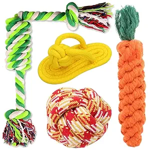 Dog Trust Toys for Puppies & Small Dogs Toys | Tug of War Dog Toy | Rope Ball Toy | Dog Carrot Rope Toy | Chew Rope Sleeper Toys | Durable Teething Ropes | Pet Chew Toys Set (Pack of 4)