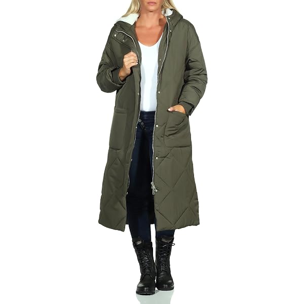 Hailys Damen Steppmantel Extralang Mit Kapuze – Wadenlang, Wattiert, Für Herbst & Winter, 100% Polyamid