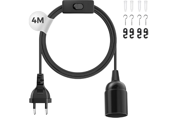 DiCUNO E27 lamphållare med sladd, E27 taklampa med på/av-knapp för tak, sovrum och kök, Svart, 0-250V, 4A, 4M, 1 st.