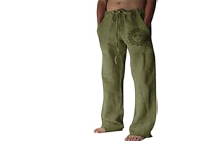 Puimentiua Pantalones Lino Hombre Verano Casual Pantalon Anchos Hombre de Lino y Algodón Transpirables Cómodos con Cordón Bolsillos Laterales Elegantes para Vacaciones Playa