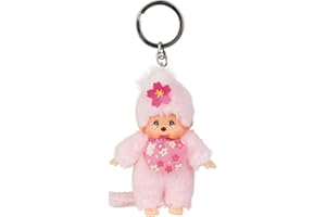 Sekiguchi 242467-Original Monchhichi Fille Cerisier, en Peluche Rose, avec Bavoir et Tresse avec Fleurs, Porte-clés, env. 10 cm, 242467, Rosa