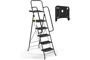 HBTower Escabeau 5 Marches, Escabeau Pliable avec Plateau à Outils, Échelle Antidérapante en Acier, Charge Maximale 150 kg, Idéale pour Maison, Garage et Chantier