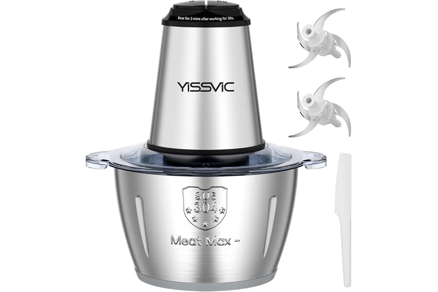 YISSVIC Electric Kitchen Chopper 2L, 500W, 2 Speed, 2×4 Blades, Stainless Steel Bowl, Non-Slip Ring, Dishwasher Safe, for Fruit Vegetables Meat Spices