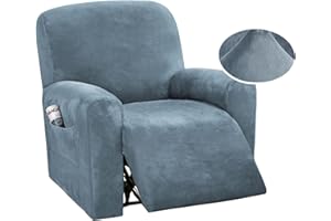 DSECHCRSL Velvet Recliner Chair Cover with Side Pocket, 4 Piece Non Slip Recliner Sofa Cover 1 Seat Stretch Recliner Cover Form Fitted Thick Soft Washable for Living Room, Pet, Kids,Black