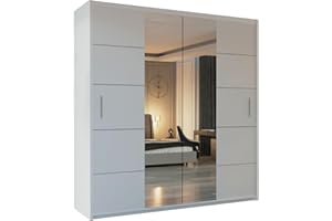MN FURNITURE Wavy Sliding Mirror Door Wardrobe with Shelves, Hanging Rails Provide Plenty of Storage For Bedroom (White, 150cm)