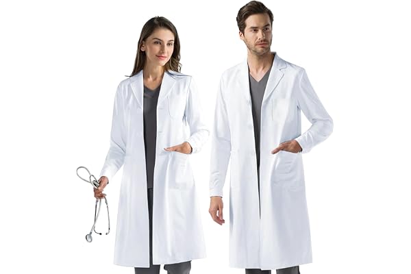 AUYAO Labbrock, kvinnor män vit bomull polyester medicinsk rock vetenskap läkare forskarrock, unisex vuxen etikett kemi laboratorium matrock arbetskläder uniform maskeraddräkt med ficka L ~ XXL