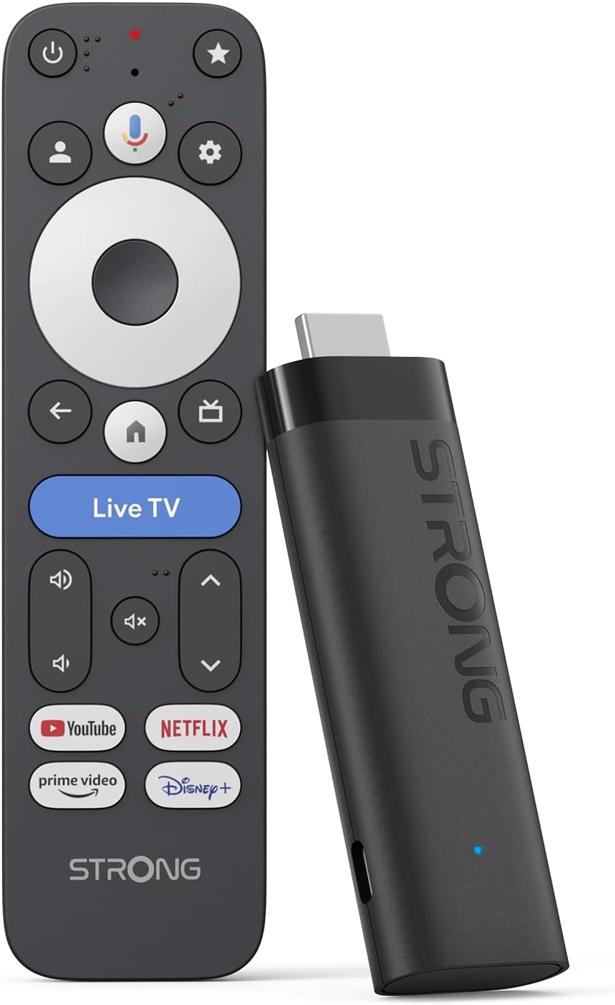 STRONG Leap-Nova-X – TV Stick 4K UHD, 2 GB RAM + 32 GB Memoria, Dolby Vision, HDR10+, Dolby Atmos, Wi-Fi 6, Asistente de Voz, Android 14, HDMI 2.1, Streaming de Más de 5000 Apps