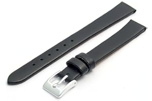 WATCHWATCHWATCH Fine Calf Leather Watch Strap Band 10mm Black with Chrome (Silver Colour) Buckle. Free Spring Bars (Watch Pins)