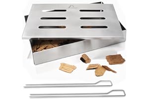 Amazy Caja ahumadora + 2 brochetas + 2 Tipos de virutas de Madera (Haya y Roble) – Caja de Ahumado para Carne o Pescado Apta para lavavajillas