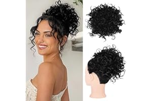 FDEETY Messy Bun Short Ponytail Hair Piece Drawstring Hair Extensions Curly Wavy Hair Puff Synthetic for Women Scrunchy Fake Hairpieces Accessories Scrunchies(Black)