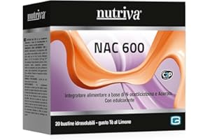 NUTRIVA NAC 600, Integratore Alimentare per Raffreddore, Muco, Naso Chiuso, con N-acetilcisteina, Acerola, Vitamina C, Antiossidante e Fluidificante, 20 Bustine, Gusto The al Limone