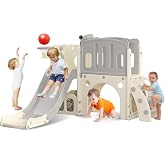 hoopyosms Kids Slide with Platform &amp; Tunnel, Grey | 7-in-1 Slide &amp; Activity Center with Platform, Tunnel, Basketball &amp; Toy Te
