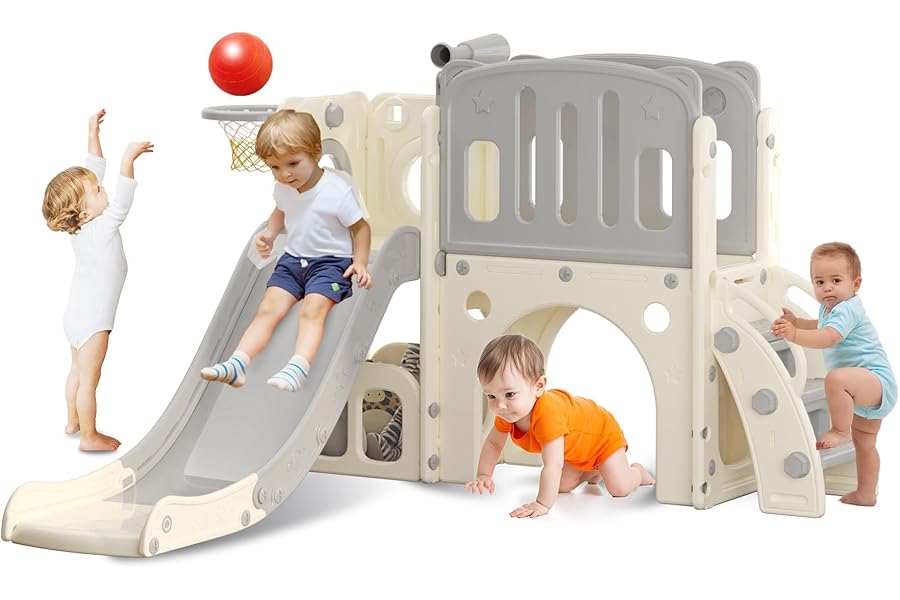 hoopyosms Toddler Slide with Climbing Ladder, Tunnel and Basketball Hoop, Indoor Outdoor Garden Slide Set for Kids, Children's Playground Toy, Montessori Play Equipment, Grey