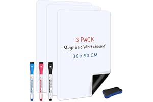 ANLIOTE Tableau Blanc Magnetique pour Frigo 30 x 20 cm, Lot de 3 - Écriture et Nettoyage Faciles, A4 Petit Tableau Magnétique Effaçable à Sec avec 3 Marqueurs et 1 Effaceur pour Maison et Cuisine