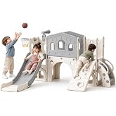 Hoopyosms Large Children's Slide with Climbing Ramp, Grey | 9-in-1 Slide &amp; Climbing Structure with Platform, Tunnel, Basketba