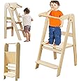Baoly Montessori Toddler Wooden Learning Tower Adjustable Learning Step Stool, Foldable with Safety Guard Rail for Sink Counter, Standing Tower (Natural)