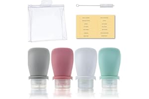 RILYSUN Lot de 4 récipients de voyage rechargeables en silicone, anti-fuite, rechargeables, conteneurs de voyage de 60ml (2oz) pour shampooing, après-shampooing, lotion, liquides