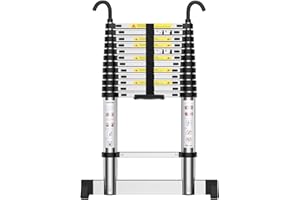 SINZUX Escalera TelescóPica 3,8m, Escaleras Plegables Aluminio con Ganchos, Escalón Ajustable, Carga Máxima 150kg, Adecuada para Reparaciones Domésticas, áTicos, Garajes, Tareas Temporales