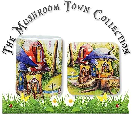 FERN COTTAGE MUSHROOM TOWN © BOXED MATCHING MUG &amp; COASTER SET - MAGICAL, ENCHANTING, TRANQUIL, FANTASY, SCENIC, ILLUSTRATED ART MUGS CREATED JUST FOR YOU (FERN COTTAGE)