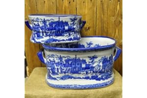 ACACIAHOME Set 2 Vintage Look Ceramic Blue & White Foot bath Planters