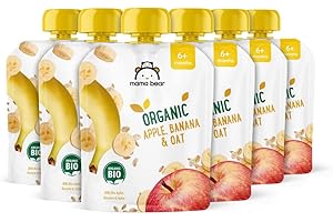Marchio Amazon - Mama Bear Pouch Puree di Mela, Banana e Avena Bio, 90g, Confezione da 6