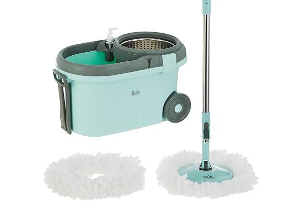 Amazon Brand – Presto! Clean Steel Spin Mop | Plastic & Stainless Steel | 2 Microfiber Refills | Big Wheels with Drag Handle 
