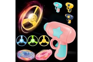 Vilbocr 3IN1Flying Disc Launcher Kids Toy Launcher with 1Flying Saucer Gun 4Cat Fetch Parachute 1Luminous propeller, 1 luminous gyroscope Outdoor Indoor Games Activities (Pink Green)