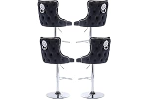chairus Nowoczesne stołki barowe, zestaw 4 stołków śniadaniowych z kołatką do lwa, aksamitne stołki z metalową podstawą na wyspę kuchenną, czarne