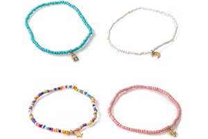Ledander Boho Handmade Beads Anklet, Multilayered Moon and Star Pendant Ankle Bracelets Set, Bohemian Colorful Rice Beads Anklets Chain Foot Jewelry for Women and Girls