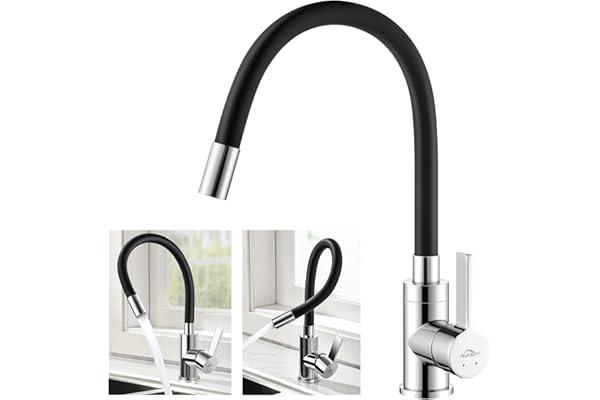 Auralum Robinet de Cuisine Flexible Bec Haut Orientable Librement Mitigeur Évier Flexible Laiton Chromé et Noir Robinet Evier Monotrou à Eau Chaude et Froide