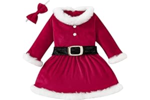 RAOPUZI Vestido Navidad Niña Terciopelo Disfraz Papa Noel Bebe Disfraz Mama Noel Ropa Navidad Traje Papa Noel Bebe Rojo Vestido Navideño de Felpa con Manga Larga con Cintura CeñIda con Diadema