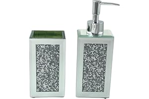 EYE ON ELEGANCE EAGLEWIZ EagleWiz Crushed Jewel soap dispenser and Tumbler Set mirror glass Diamond Silver Crystal Hand Cream Pump and bath Tumbler