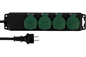 REV Steckdosenleiste - Mehrfachsteckdose 4-Fach IP44, ideal für Garten & Terrasse, Kabel 1,4m, max. 3500W, schwarz-grün