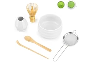 YARVPUV 6 Pièces Matcha Kit Matcha Complet avec Fouet, Bol Céramique, Support, Cuillère, Tamis et Cuillères Matcha Coffret Matcha Set Accessoires Premium pour Préparation - Blanc