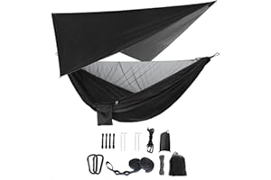 YCD Camping Hängematten Set, Einzel Doppel Hängematte, Moskitonetz, Insektennetz, Regenfliege, hochfestes Fallschirm Stoff Hängebett. Geeignet für Outdoor, Wandern, Camping, Reisen Schwarz